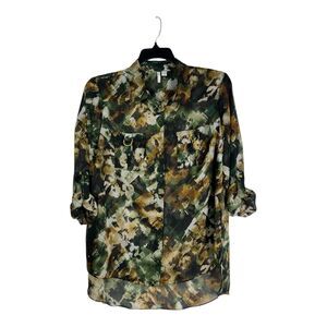 CATO Shirt Women's Large Camo Button Up Sheer Roll Tab Sleeve Tunic Blouse